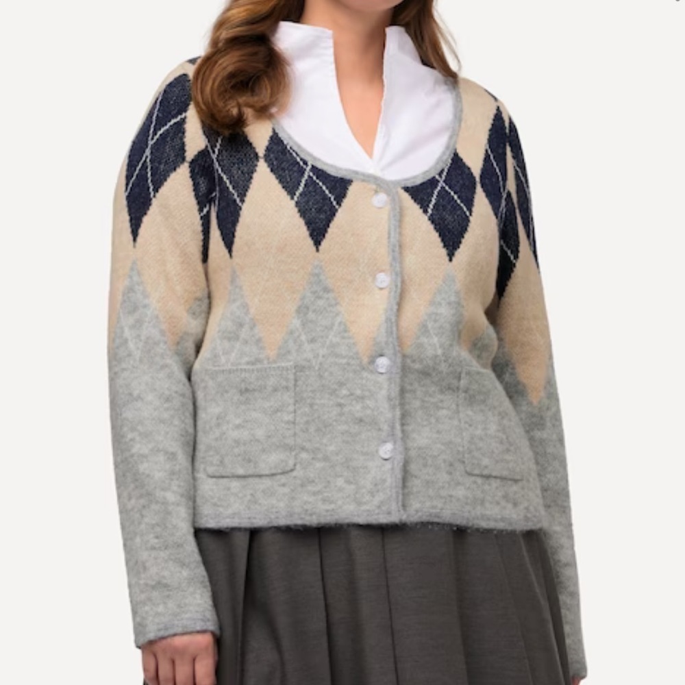 NWT Ulla Popken Von Landen Argyle Scoop Neck light gray melange Cardigan
